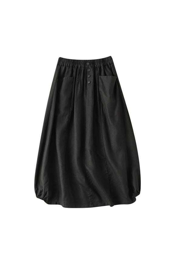 ZVNAΖH Women's Linen Midi Skirt Summer Casual Elastic Waist Button A-Line Beach Going Out Skirt with Pockets