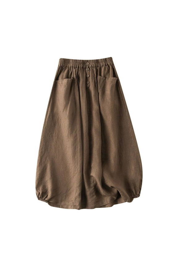 ZVNAΖH Women's Linen Midi Skirt Summer Casual Elastic Waist Button A-Line Beach Going Out Skirt with Pockets