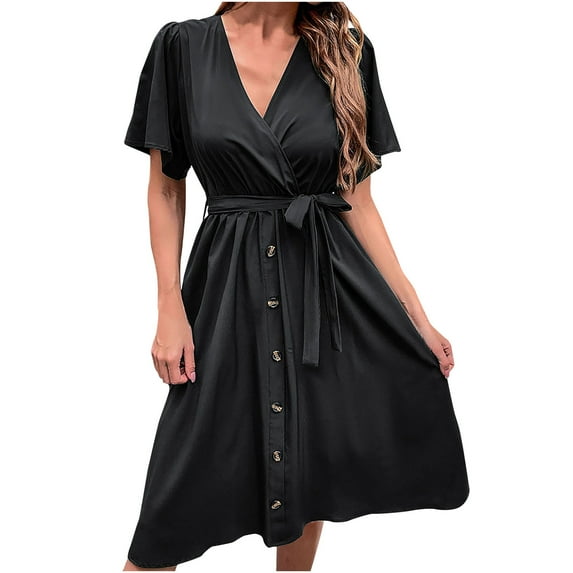 ZVNAΖH Women's Short Sleeve Chiffon Dress Spring Summer Deep V Neck Button Down Elegant Bow Tie Waist Flowy Dress