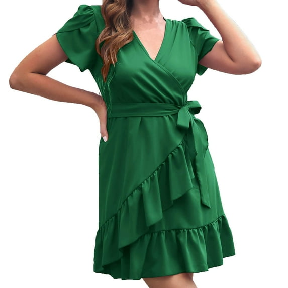 ZVNAΖH Women's Short Sleeve Wrap Dress Summer Casual V Neck Waisted Ruffle Hem Mini Dresses