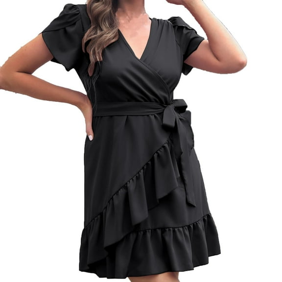 ZVNAÎH Women's Short Sleeve Wrap Dress Summer Casual V Neck Waisted Ruffle Hem Mini Dresses