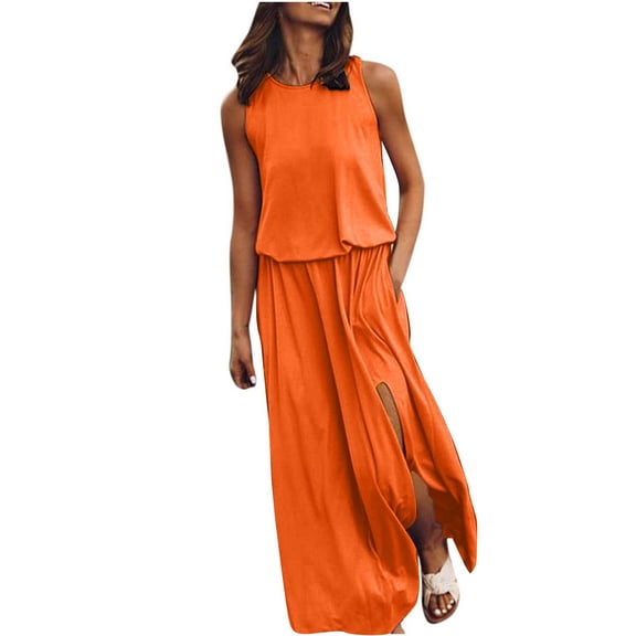 ZVNAΖH Women's Summer Casual Crew Neck Sleeveless Dresses Side Split Pleated Long Dress Sundress Beach Dress