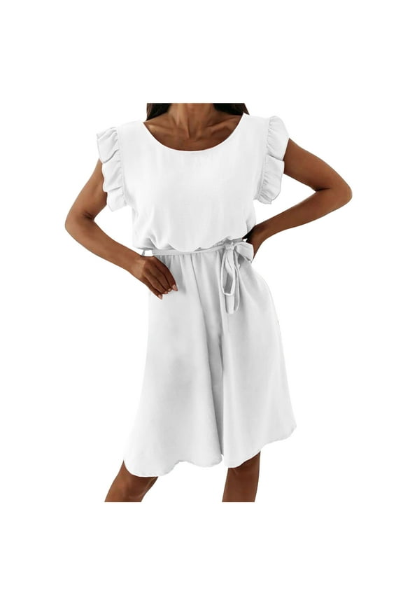 ZVNAΖH Women's Summer Dresses Casual Crew Neck Ruffle Sleeve Tie Wrap Dress A-Line Swing Dress