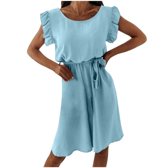 ZVNAΖH Women's Summer Dresses Casual Crew Neck Ruffle Sleeve Tie Wrap Dress A-Line Swing Dress