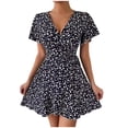 thumbnail image 1 of ZVNAΖH Women's Summer Short Sleeve Sexy Tie Wrap V Neck Floral Sundress Mini Dress, Sizes S-XL, 1 of 7