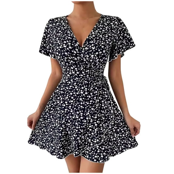 ZVNAΖH Women's Summer Short Sleeve Sexy Tie Wrap V Neck Floral Sundress Mini Dress, Sizes S-XL