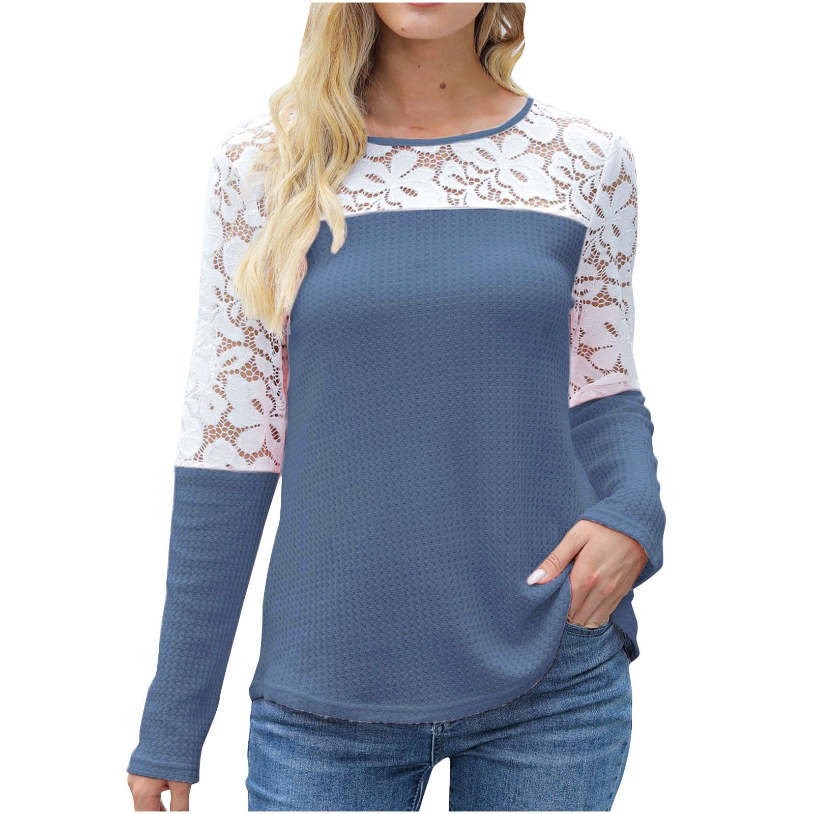 Clearance 2025! ZVNAΖH Womens Crew Neck Long Sleeve Lace Splicing