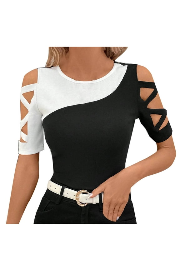 ZVNAΖH Womens Crew Neck Short Sleeve Tops Hollow Out Crossed Strapless Patchwork T-Shirts Summer Casual Tees