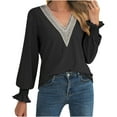 thumbnail image 1 of Clearance 2025! ZVNAΖH Womens Long Sleeve V Neck Tops Lace Patchwork Hollow Out Blouses, Flared Cuffs, Casual Business Spring Fall Outfits, 1 of 8