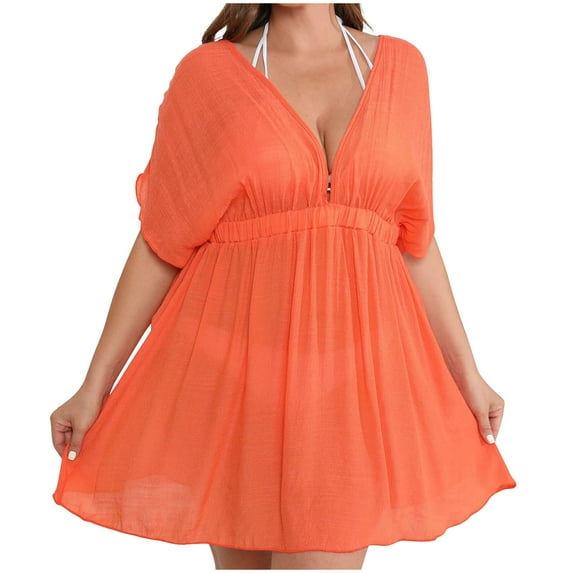 Clearance 2025! ZVNAΖH Womens Plus Size Beach Swimsuit Bikini Cover Up Dress V Neck Short Sleeve Pleated Mini Dress