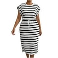 thumbnail image 1 of ZVNAΖH Womens Plus Size Summer Dresses Casual Crew Neck Bat Short Sleeve Striped Drawstring Waist Maxi Dress, 1 of 5