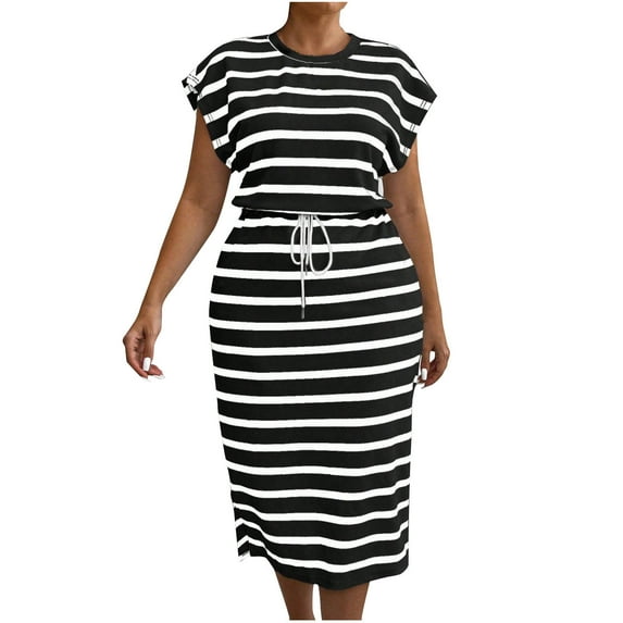 ZVNAΖH Womens Plus Size Summer Dresses Casual Crew Neck Bat Short Sleeve Striped Drawstring Waist Maxi Dress