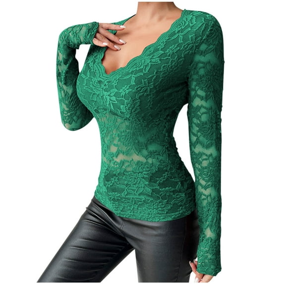 Clearance 2025! ZVNAΖH Womens Sexy Transparent Lace Long Sleeve V Neck Blouse T Shirt Tops, Solid Color, Slim Fit, Valentine's Day Gifts