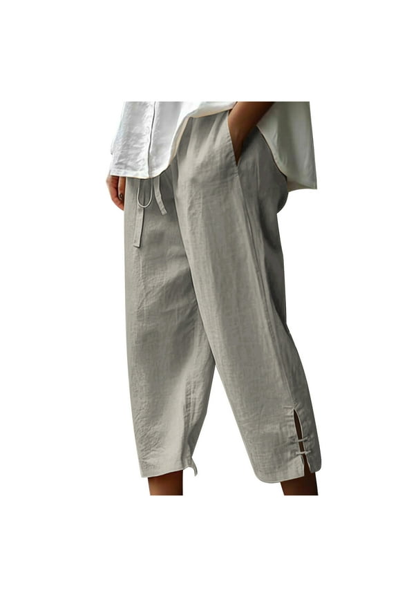 ZVNAΖH Womens Summer Casual Capris Cotton Linen Drawstring Waist Loose Straight Leg Cropped Pants