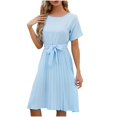 thumbnail image 1 of ZVNAΖH Womens Summer Casual Short Sleeve Swing Dress Tie Waist Knee Length Dress Crew Neck Pleated Flowy Dress, 1 of 7