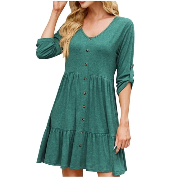 ZVNAΖH Womens T Shirt Dresses Knee Length Pleated Tiered Dress Summer Casual Button Down Flowy Dress