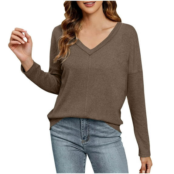 ZVNAΖH Womens V Neck Long Sleeve Cotton T Shirts Casual Solid Color Base Shirts
