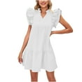 thumbnail image 1 of ZVNAΖH Womens V-Neck Ruffle Sleeves Casual Dress Collar Strap Design Pleated Hem Dress, Sizes S-2XL, 1 of 5