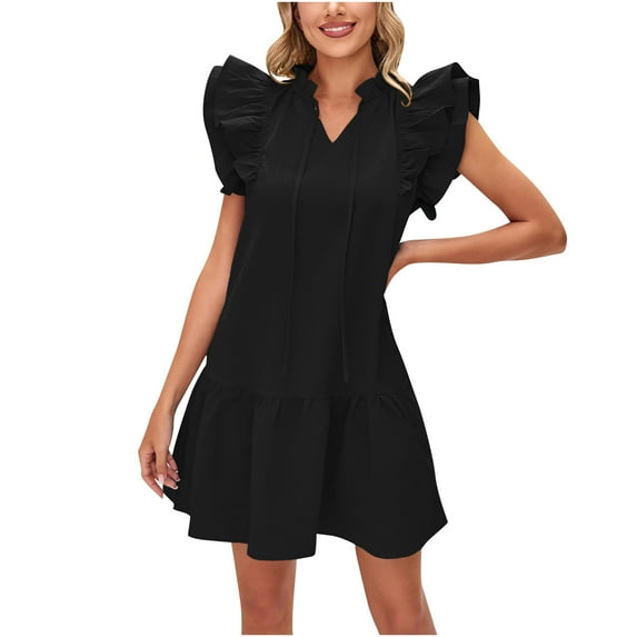 ZVNAΖH Womens V-Neck Ruffle Sleeves Casual Dress Collar Strap Design Pleated Hem Dress, Sizes S-2XL