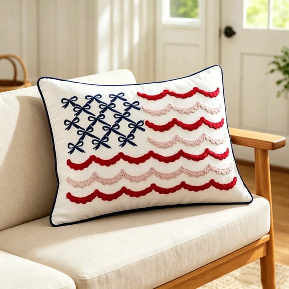 Clearance! 2026 New USA Bow Flag Pillow, 4th of July Red White Blue Decorative Pillow, 20" x 14", Independence Day Embroidered Patriotic Lumbar Pillow Decor, Gift for Mom Dad Friend Family