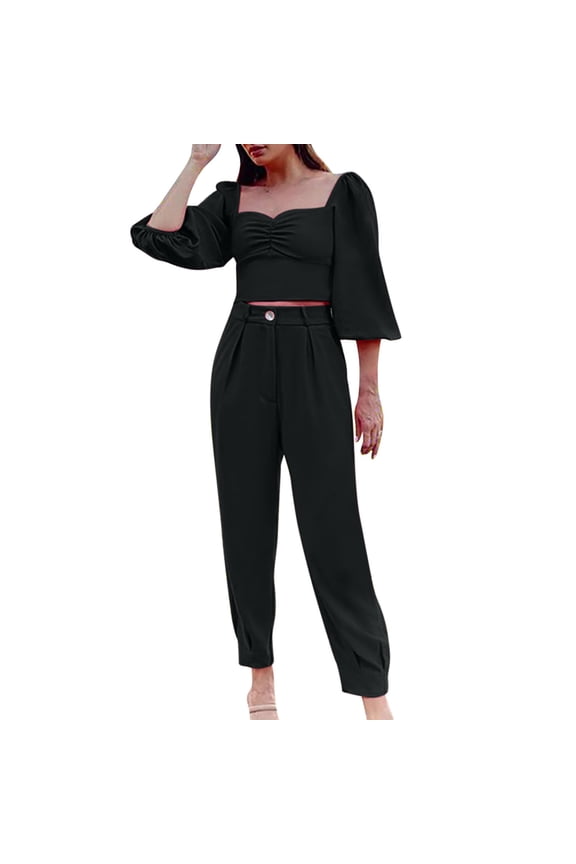 2 Piece Pant Suits for Women Dressy Puff Long Sleeve Crop Tops and High Waisted Straight Leg Pants Sets Business Casual Outfits