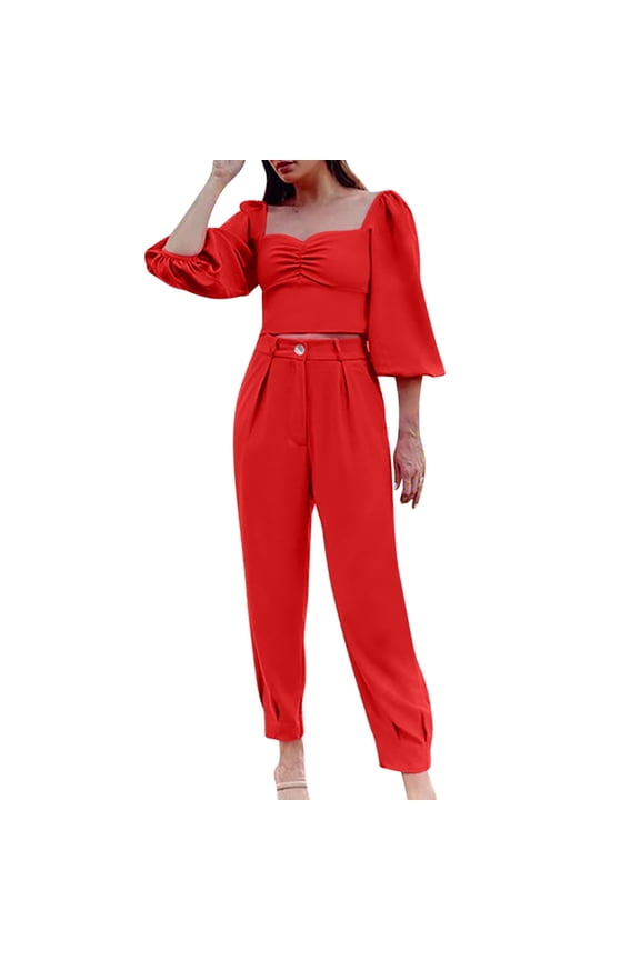 2 Piece Pant Suits for Women Dressy Puff Long Sleeve Crop Tops and High Waisted Straight Leg Pants Sets Business Casual Outfits