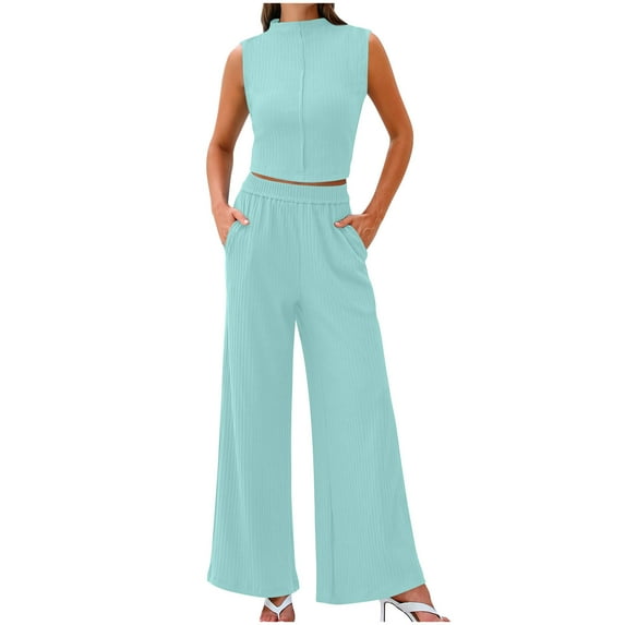 qolati 2 Piece Sets for Women Summer 2024 Mock Neck Sleeveless Ribbed Knit Pullover Top Wide Leg Pants Matching Lounge Set Trendy Beach Vacation Outfits
