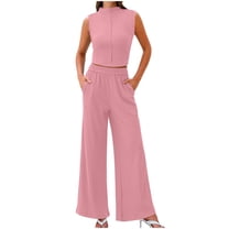 qolati 2 Piece Sets for Women Summer 2024 Mock Neck Sleeveless Ribbed Knit Pullover Top Wide Leg Pants Matching Lounge Set Trendy Beach Vacation Outfits