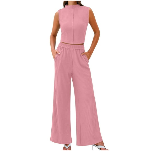 qolati 2 Piece Sets for Women Summer 2024 Mock Neck Sleeveless Ribbed Knit Pullover Top Wide Leg Pants Matching Lounge Set Trendy Beach Vacation Outfits