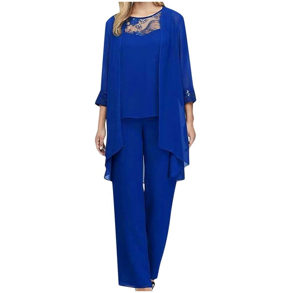 Clearance under $25 qolati 3 Pieces Mother of The Bride Pantsuits with Jackets Evneing Party Gown Lace Chiffon 3/4 Sleeve Wedding Formal Outfit Clearance