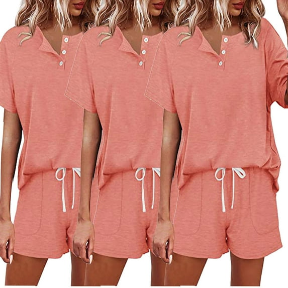 qolati 3PC Women's 2 Piece Pajama Sets Button Up Short Sleeve Lounge Sets Soft Round Neck Pullover Top and Drawstring Shorts Sleepwear with Pockets Comfy Pjs Set 2024