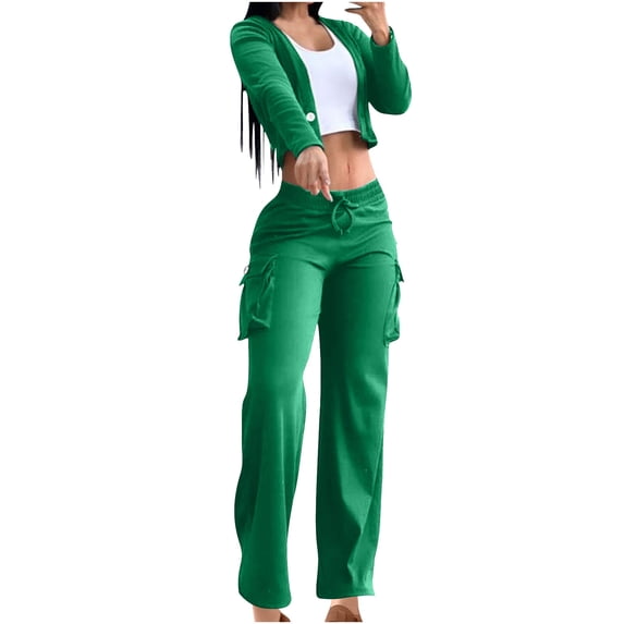 qolati Lounge Sets for Women 2 Piece Long Sleeve Crop Tops Casual Tracksuits Fall Outfits High Waist Wide Leg Cargo Pants Set Travel Loungewear