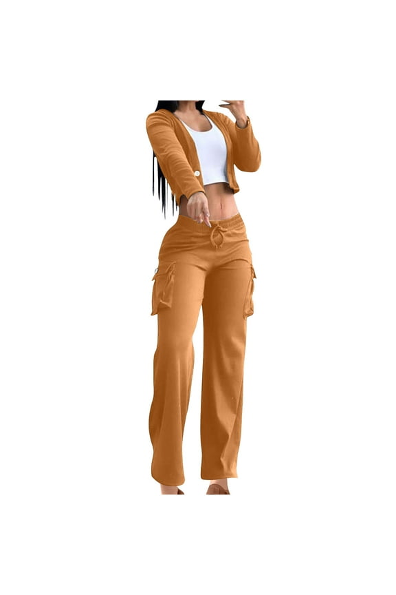 Lounge Sets for Women 2 Piece Long Sleeve Crop Tops Casual Tracksuits Fall Outfits High Waist Wide Leg Cargo Pants Set Travel Loungewear