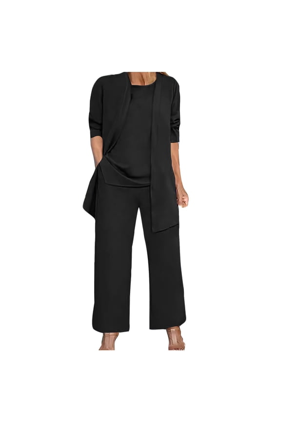 Plus Size Mother of Bride Pant Suits 3 Piece Chiffon Sets Sleeveless Top Long Sleeve Cardigan Jacket Wide Leg Pants Ruffle Layer Wedding Guest Formal Outfit