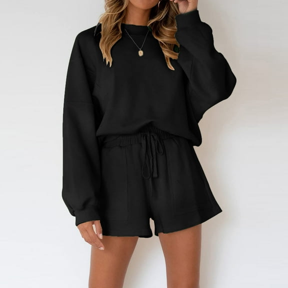 qolati Women 2 Piece Outfits 2024 Long Sleeve Crewneck Pullover Tops with High Waist Drawstring Shorts Sweatsuit Casual Comfy Solid Pajamas Tacksuit Sets