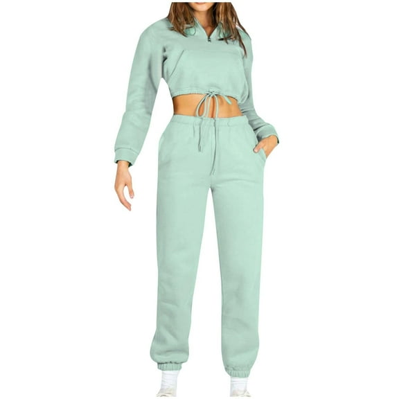 qolati Women 2 Piece Outfits Half Zip Drawstring Crop Sweatshirt Jogger Sweatpants Tracksuit Casual Long Sleeve Matching Set Y2K Sweatsuit