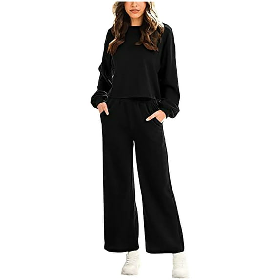 qolati Women 2 Piece Outfits Long Sleeve Crop Pullover Tops Elastic Waisted Wide Leg Pants Loungwear Tracksuits Y2k Fall Clothes Casual Sweatsuit Matching Sets