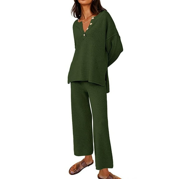 qolati Women's 2 Piece Outfit 2024 Fall Button Knit Pullover Sweater and Wide Leg Pants Sweatsuit Trendy Clothes Loungwear Matching Sets