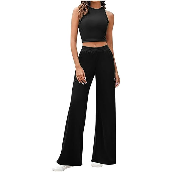 qolati Women's 2 Piece Outfits Comfy Lounge Sets Tracksuit Sleeveless Crop Tank Tops Wide Leg Casual Pants Sweatsuits Matching Sets 2024 Fall Outfits