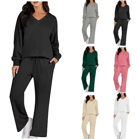 qolati Women's 2 Piece Outfits Lightweight Long Sleeve Pullover Tops and Wide Leg Pants Tracksuit Casual Cozy Loose Lounge Sets Sweatsuit