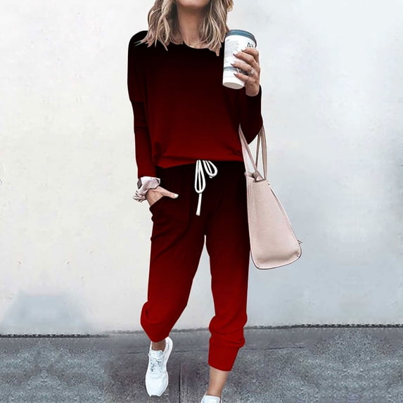 qolati Women's 2 Piece Outfits Oversized Long Sleeve Crewneck Pullover Tops with Drawstring Jogging Sweatpants Matching Sets Casual Color Block Print Loungwear Tracksuit