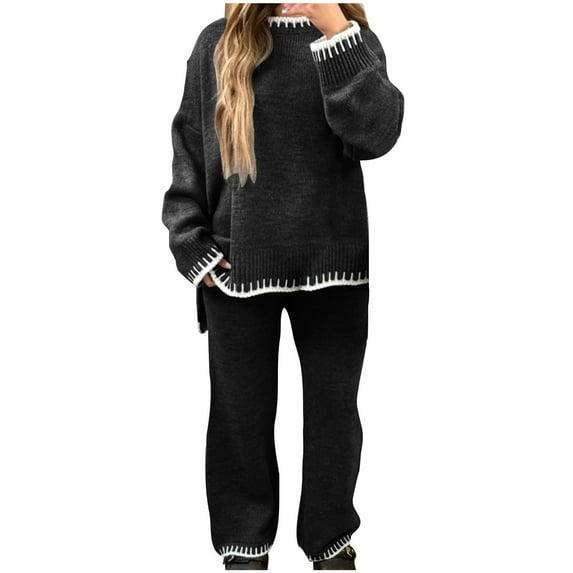 qolati Women's 2 Piece Outfits Sweater Sets for Women Casual Long Sleeve Knit Pullover Tops Wide Leg Pants Matching Sets Fall Winter Fashion Clothes Tracksuits