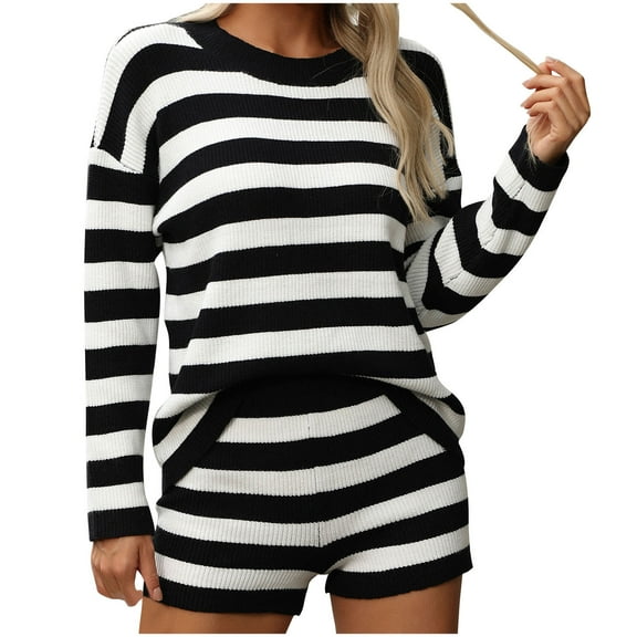 qolati Women's 2 Piece Sweater Set Stripe Patchwork Printed Crew Neck Long Sleeve Pullover Tops Lounge Shorts Sets Pajamas Matching Outfits Y2k Fall Tracksuit