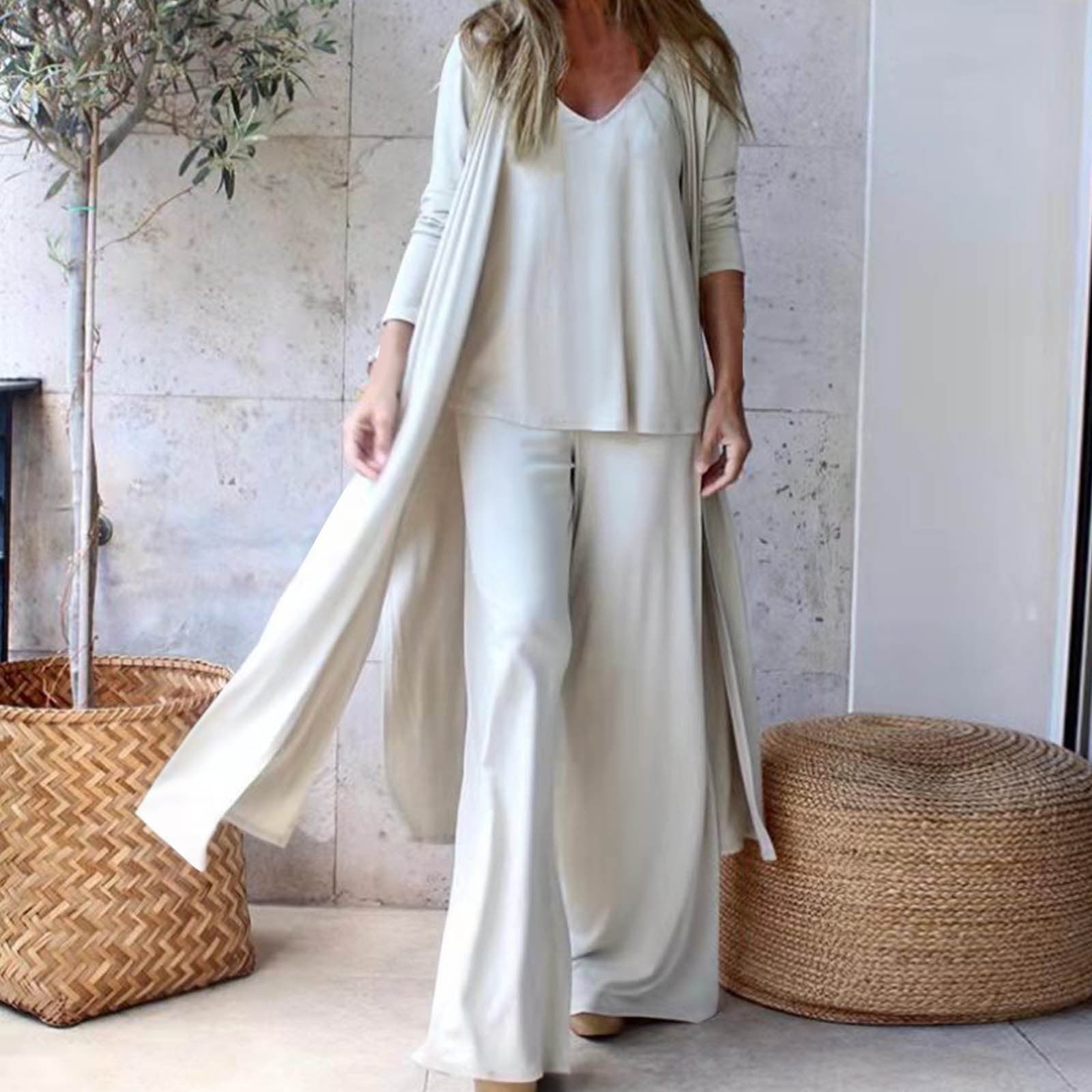 Open Front Long Sleeve Cardigan and Pants Lounge Set