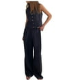 thumbnail image 1 of qolati Women's Summer Suiting 2 Piece Outfits Cotton Linen Button Down Sleeveless Crop Vest Wide Leg Pants 2024 Trendy Matching Sets, 1 of 6