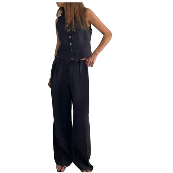 qolati Women's Summer Suiting 2 Piece Outfits Cotton Linen Button Down Sleeveless Crop Vest Wide Leg Pants 2024 Trendy Matching Sets