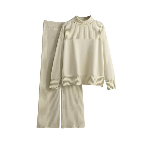 qolati Women's Two Piece Outfits Long Sleeve Knit Pullover Top High Waisted Wide Legs Pants Loungwear Tracksuits Fall Winter Sweater Sweatsuit Matching Sets
