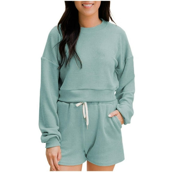 qolati Women's Two Piece Outfits Sweater Sets Long Sleeve Knit Pullover Tops and Drawstring Shorts Lounge Sets Y2k Fall Clothes Tracksuit with Pockets