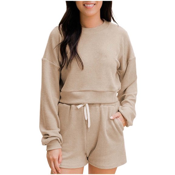 qolati Women's Two Piece Outfits Sweater Sets Long Sleeve Knit Pullover Tops and Drawstring Shorts Lounge Sets Y2k Fall Clothes Tracksuit with Pockets