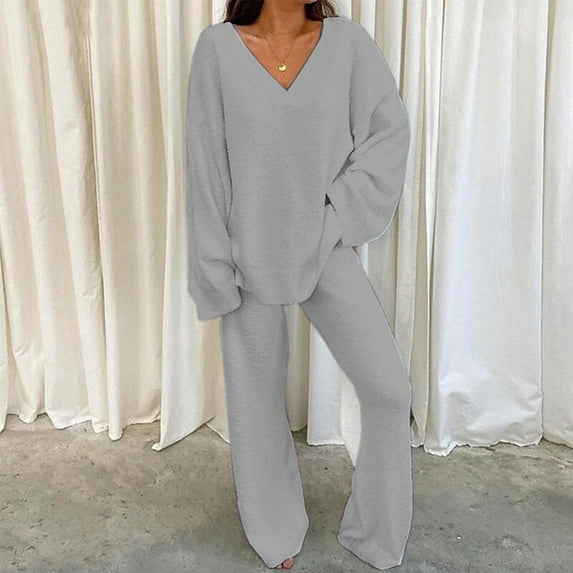 qolati Womens 2 Piece Outfits Casual Shaker Fleece Long Sleeve V Neck Pullover Tops Wide Leg Pants Lounge Set Comfy Soft Pajama Sets Tracksuits 2024